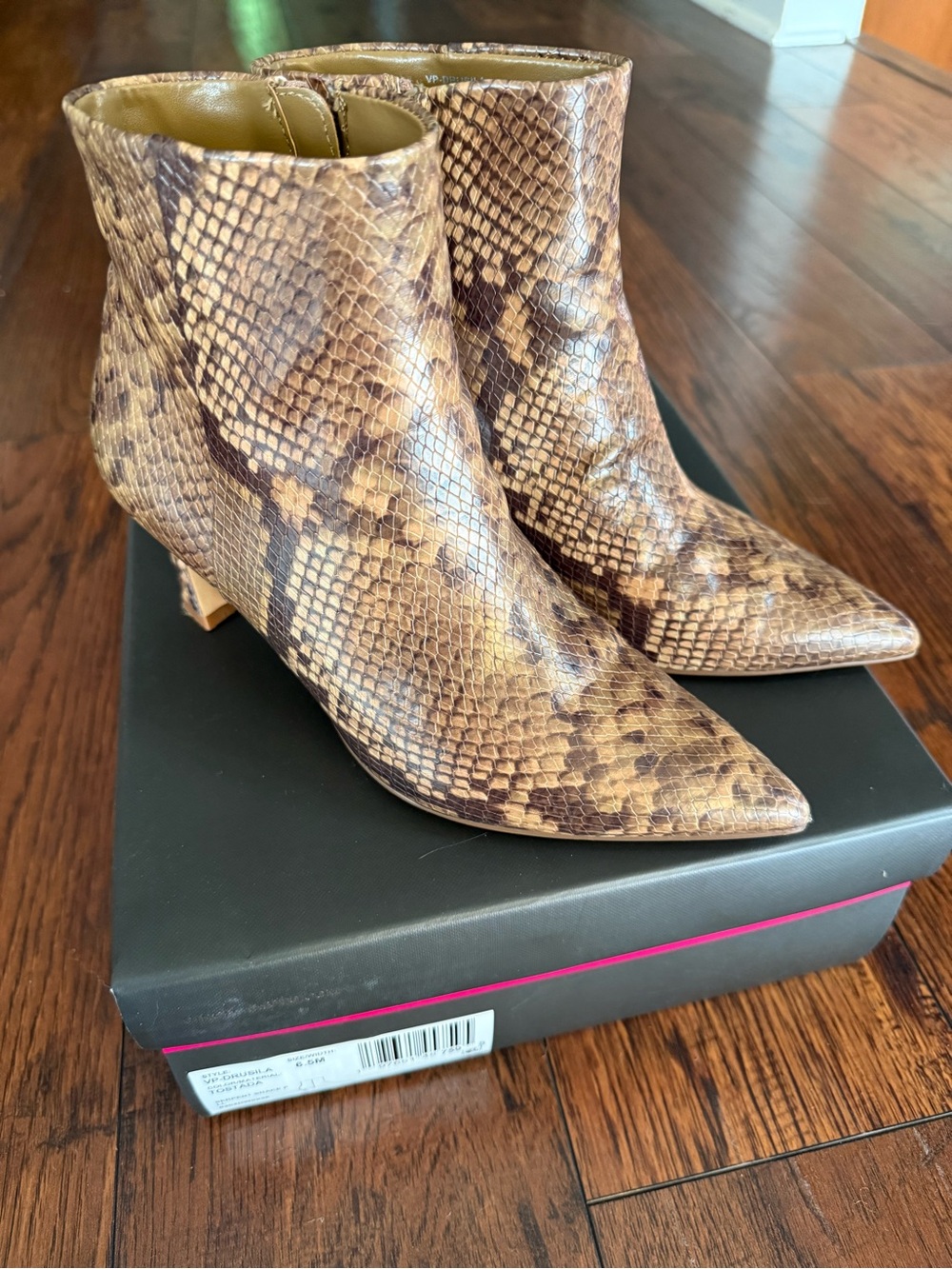 Vince Camuto Snake-Print Pointed Toe Drusila Ankle Boots in Brown